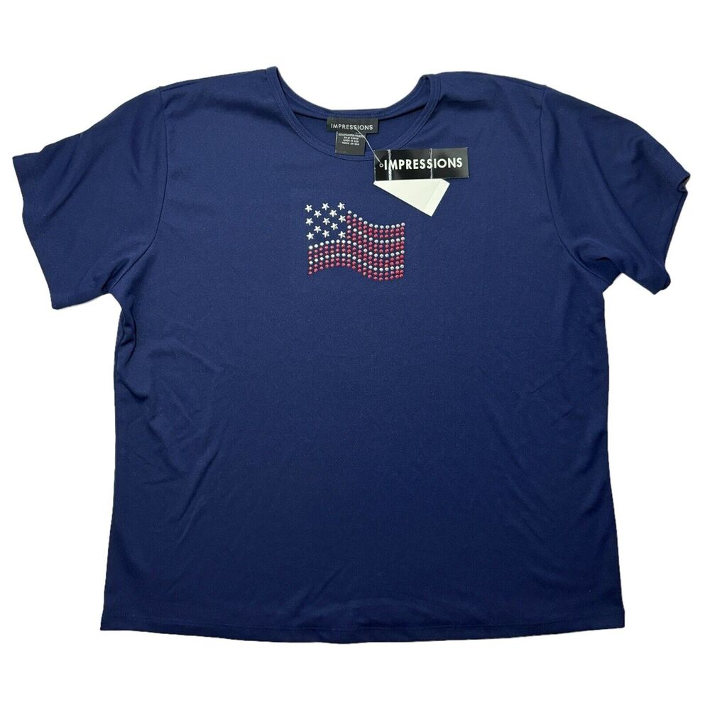 American Flag Rhinestone Navy Blue USA T-Shirt XL Woman's 4th of July Apparel
